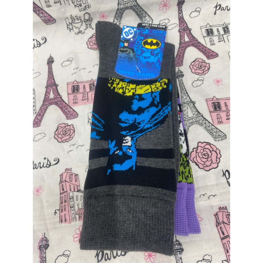 DC Comics Batman Joker Mens 2 Pair Crew Socks Grey Purple Striped Bioworld NEW